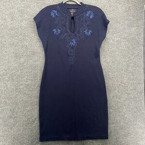 Carole Little Dress Womens L Blue Knit Embroidered Shoulder Pads Elegant Classic